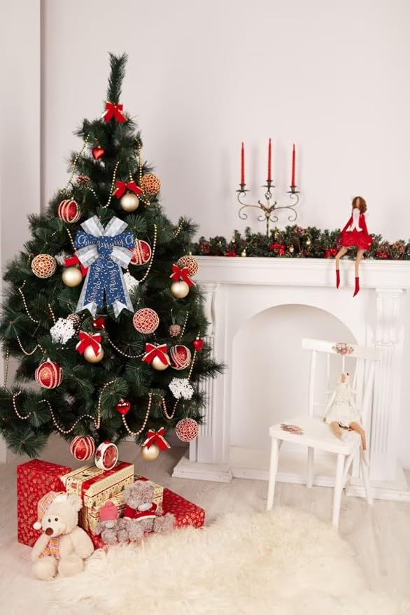 ABTOLS 2PCS Christmas Wreath Bows, Sliver Glitter Bows for Wreath Xmas Dot Decor Bow for Front Door Blue Tree Topper Bows for Winter New Year Wall Ornaments Home Indoor Outdoor Decor