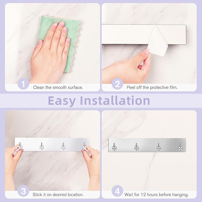 VIS'V Key Holder Wall Mount, Large Metal Self Adhesive Key Hanger with 4 Hooks, No Drilling, Extra Adhesive Strip, Silver
