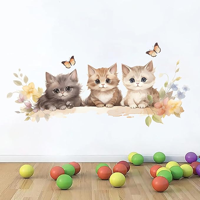 Cute Cat Wall Decals – Watercolor Kitten Wall Stickers with Flowers and Butterflies, Removable Vinyl Wall Art for Bedroom, Living Room, Office, or Home Decoration