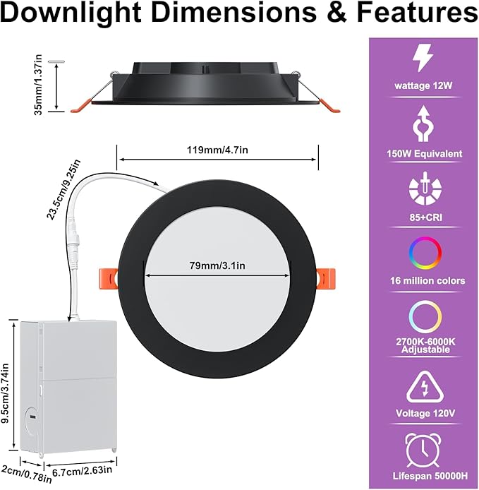 Black 24 Pack Smart Recessed Lighting 4 Inch RGBCW Color Changing 12W LED Downlight with Junction Box,1000 Lumen Recessed Ceiling Light Compatible with Alexa,Dimmable by Bluetooth Control