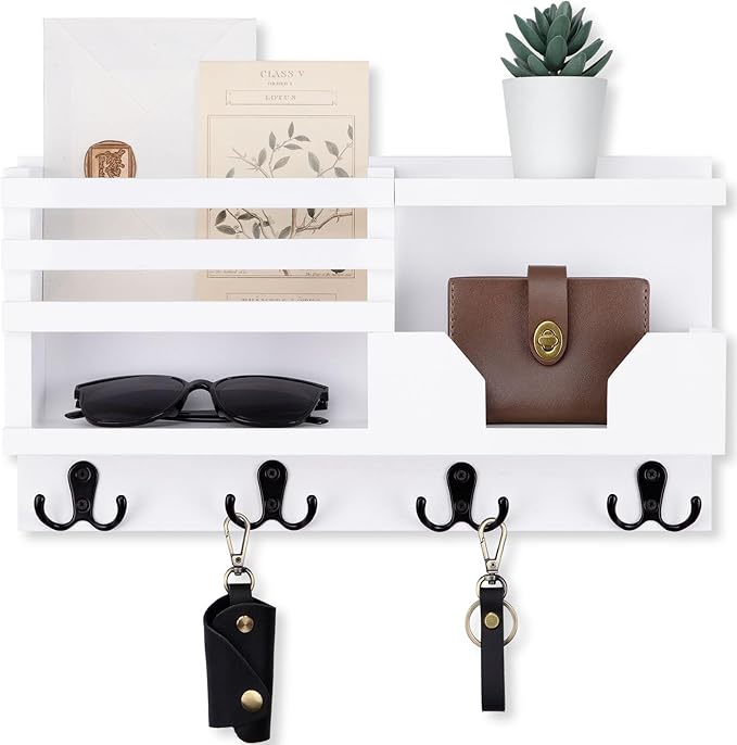 Mail and Key Holder for Wall – Decorative 15.9” x 8.7” x 3.2” Entryway Organizer with Shelf – Paulownia Wood with 4 Dual Hooks Includes Mounting Hardware and Installation Guide