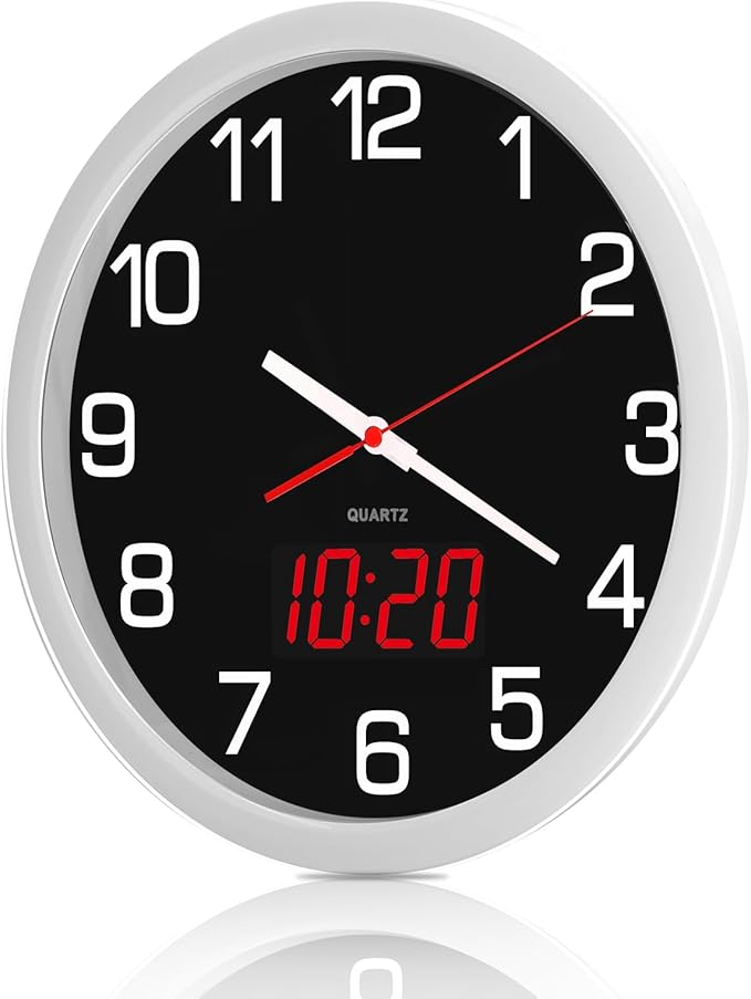 Night Light Wall Clock Battery Operated with LED Display, 12 Inch Silent Non-Ticking Quartz Wall Clock for Bedrooms, Classroom, Kitchen, Living Room