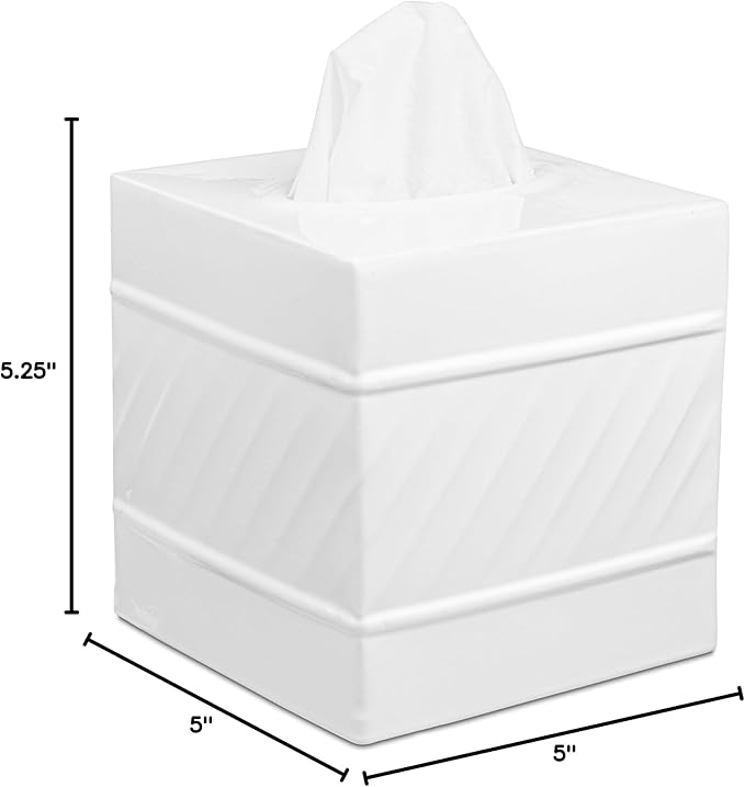 Monarch Abode Tissue Box Cover Square – Handcrafted Wave Embossed White Metal Tissue Holder Box for Bathroom Accessory, Aesthetic Decorative Facial Napkin Cube for Modern Home Decor