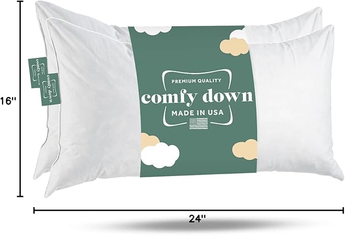 ComfyDown 16x24 Decorative Throw Pillow Insert, Down and Feathers Fill, 100% Cotton Cover 233 Thread Count, Rectangle Pillow Insert - Made in USA (2 Pack)