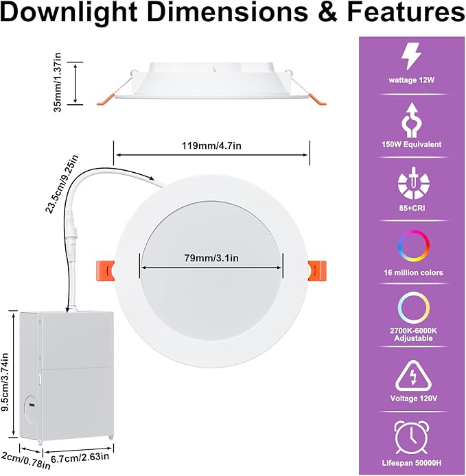 Smart Recessed Lighting 4 Inch RGBCW Color Changing 12W LED Downlight with Junction Box,1080 Lumen Recessed Ceiling Light Compatible with Alexa,Dimmable by Bluetooth Control -12Pack