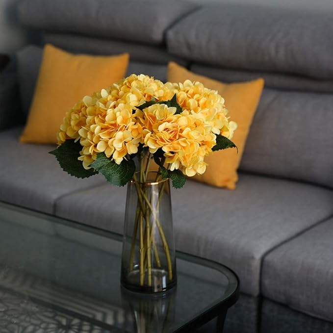 Kimura's Cabin 6pcs Yellow Fake Hydrangea Flower Artificial Silk Hydrangeas Bouquets with Stems Faux Hydrangea for Home Wedding Baby Shower Birthday Party Decoration (Yellow)