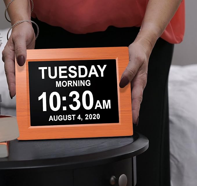 American Lifetime 【New 2025】 Dementia Clock Large Digital Clock for Seniors, Alzeimer Clock Large Display with Custom Alarms, Clock with Day & Date for Elderly, Digital Calendar Brown Wood