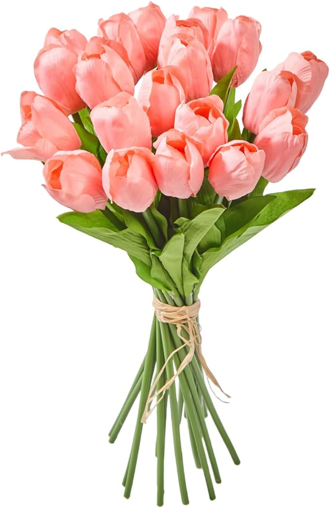 Artificial Flowers Mother's Day Easter Valentine's Day Gifts, Artificial Flowers Fake Tulips Flowers Home Kitchen Wedding Table Decorations a Bunch of 20 Coral Tulips