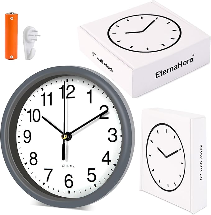 Silent Wall Clock Non Ticking, 6 Inch Wall Clocks Battery Operated, Small Analog Clock for Bedroom Home Office Kitchen Bathroom School, Easy to Read(Gray)