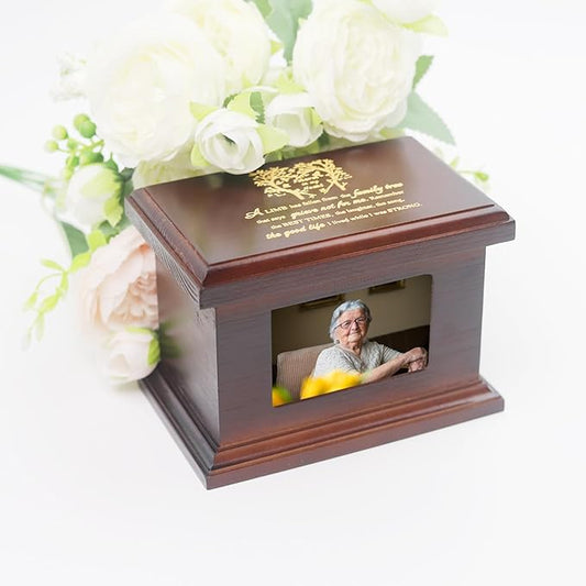 5.5 Inches Small Wood Urns for Ashes, Funeral Memorial Urns with Photo Frame, Small Urns Keepsake Wooden Urns Box and Casket, Picture Frame Keepsakes Urns for Human/Pet Ashes-Tree