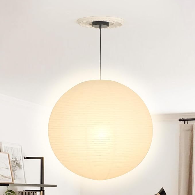 White Round Paper Lantern Lampshade, 22"x22'' Large Paper Lanterns Pendant Light Shade, Chinese Foldable Design for Living Room, Bedroom, Ceiling Lampshade Party Decor