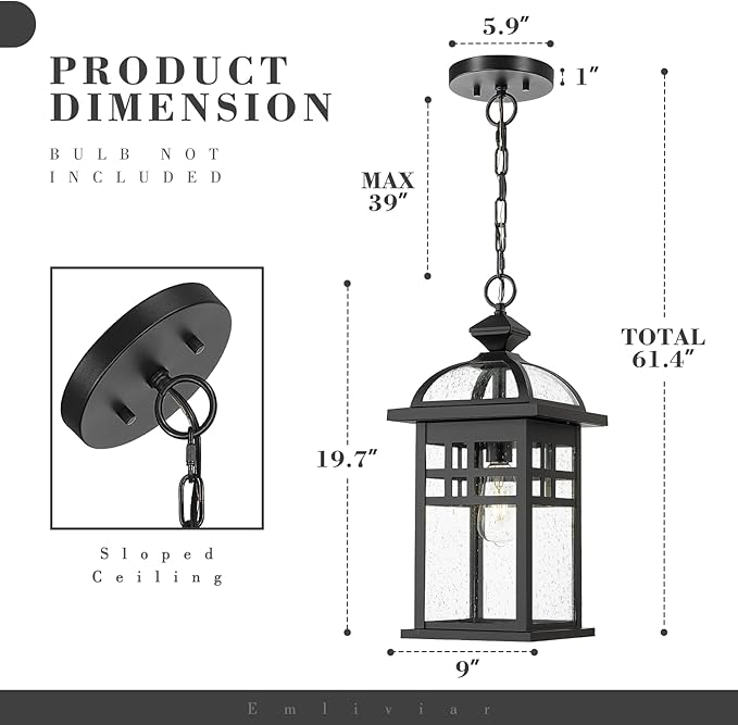 Emliviar 20 Inch Outdoor Pendant Light for Porch, Outdoor Chandelier for Porch, Die-Cast Aluminum with Seeded Glass, Black Finish, DE281H-M BK