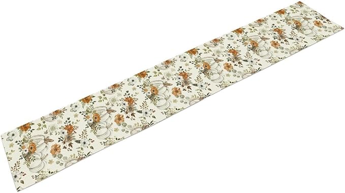 Fall Pumpkin Table Runner Rustic Floral Watercolor Plants White Vegetables Flowers Pastoral Theme Home Decor for Farmhouse Indoor Outdoor Party Holiday Dining Kitchen Restaurant Cafe W13xL108in