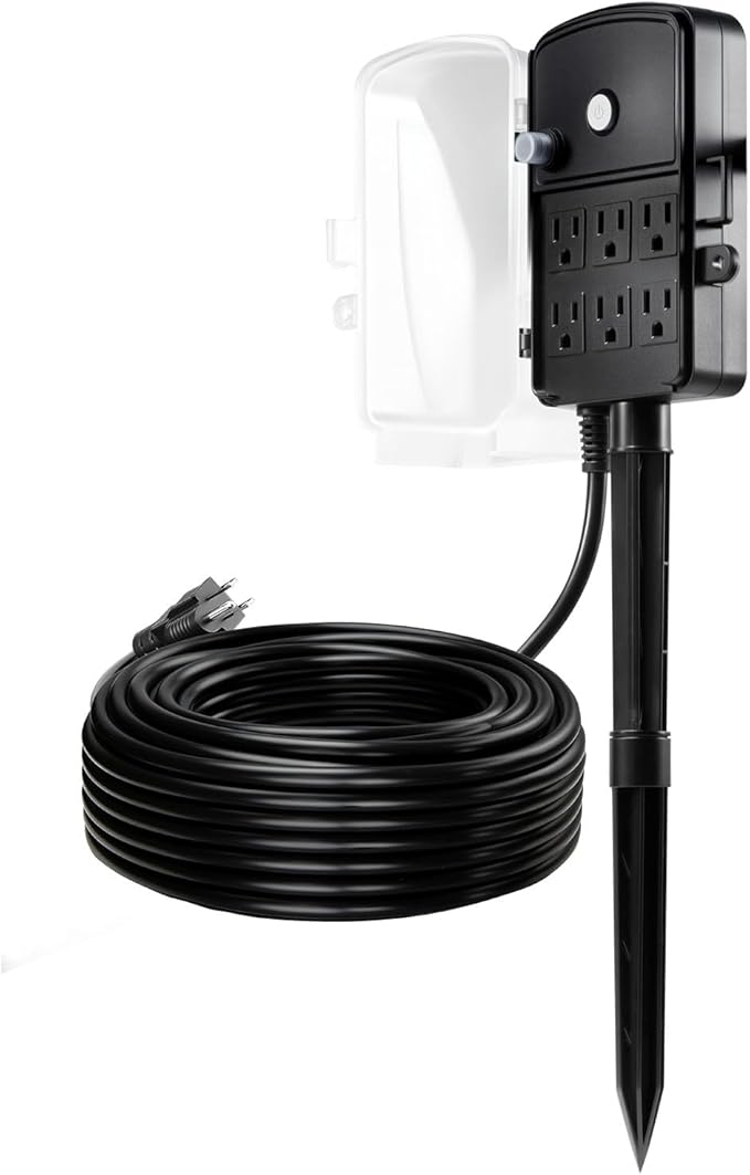 VEVOR Outdoor Power Stake Waterproof, 100 FT Extension Cord, Outdoor Power Strip, Weatherproof with Cover and Overload Protection, 6 Outlets, 13A/1625W for Halloween/Christmas Lights Decorations