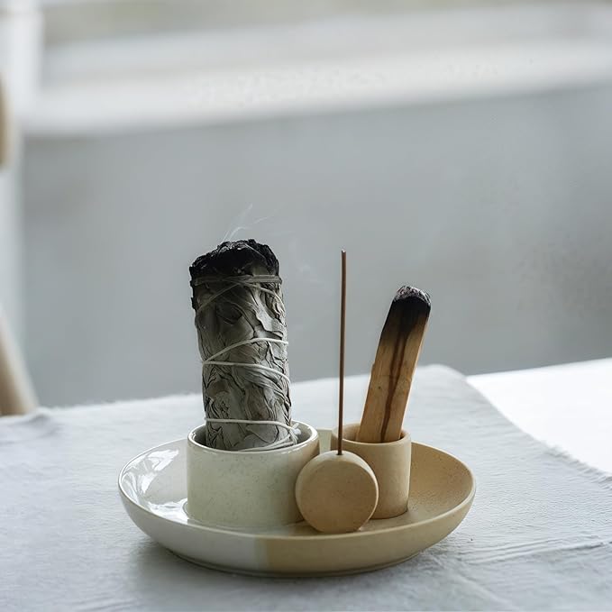 4 in 1 Incense Holder, Ceramic Incense Stick and Palo Santo Holder,Sage Holder for Burning- 5.5" Ceramic Ash Catcher Tray for Meditation and Yoga Room (Sun White Sand)