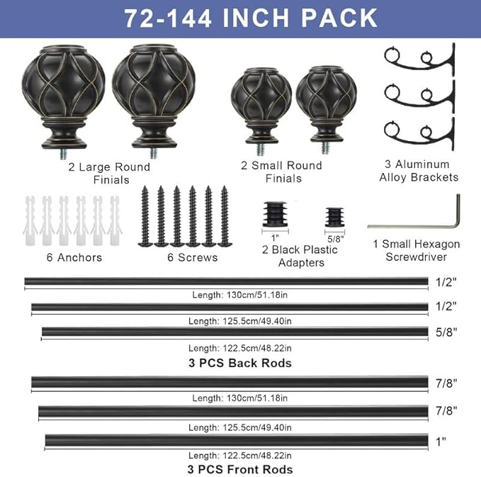 Matte Black Double Curtain Rods, 72 to 144 Inches, Classic Finials, Adjustable 1-Inch Front and 5/8 Inch Back Window Rods