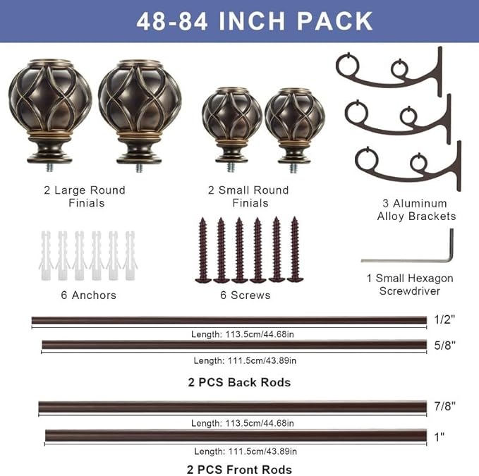 Double Curtain Rods 48 to 84 Inches, Antique Bronze Double Drapery Rods with Classic Finials, Adjustable 1-Inch Front and 5/8 Inch Back Double Window Rods