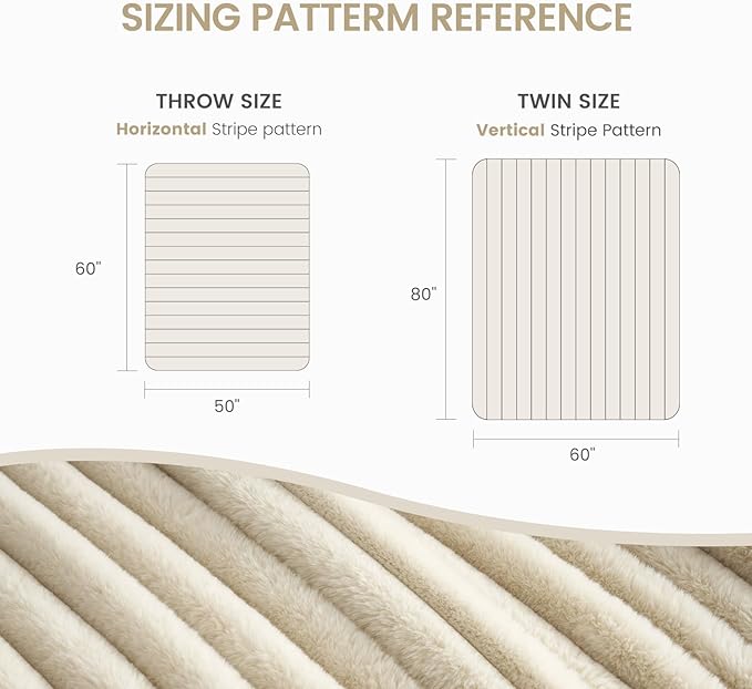 Cozy Bliss Faux Fur Throw Blanket for Couch, Cozy Warm Plush Striped Blanket for Sofa Bedroom Living Room, 60 * 80 Inches Beige