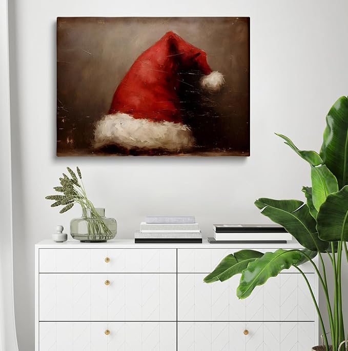 Christmas Wall Decor Print, Santa Hat Wall Art, Santa Still Life Painting, Rustic Christmas Art, Santa Hat Print, Vintage Xmas Holiday Art Print,Christmas Cottage Deco12x16inch Framed Art