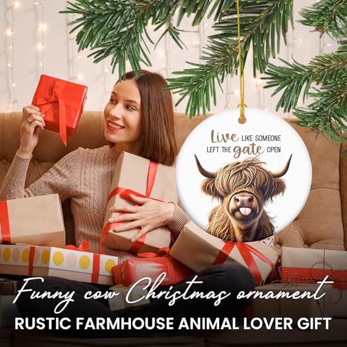 Christmas Highland Cow Gifts for Women Men - Ceramic Christmas Ornaments 2025 for Xmas Tree Decorations - Farmhouse Cow Ornament, Animal Lover Gifts for Friends Family Farmers Home Decorations