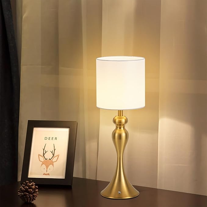 Table Lamp for Bedroom, Cordless Bedside Lamps for Living Room, Touch 3-Way Dimmable Desk Lamp for Night Stands, Rechargeable, Battery Operated Lamp with Fabric Shade for Dorm, Home Office (Brass)