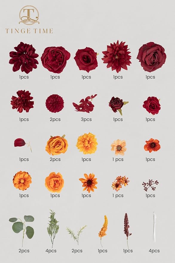 TINGE TIME Silk Fake Flowers Combo, Fake Foam Dahlia with Stems for DIY Wedding Bouquets Centerpieces Baby Shower Party Home Decorations(Burgundy & Burnt Orange)