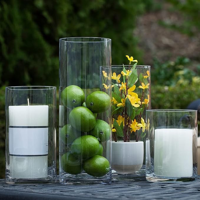 Enova Floral Clear Glass Cylinder Vase 4 x 6 Inches Round Flower Vase, Pillar Candle Hurricane Floating Candle Holder Vase, Small Floral Glass Vase for Decoration Home, Wedding Centerpiece (1 Piece)