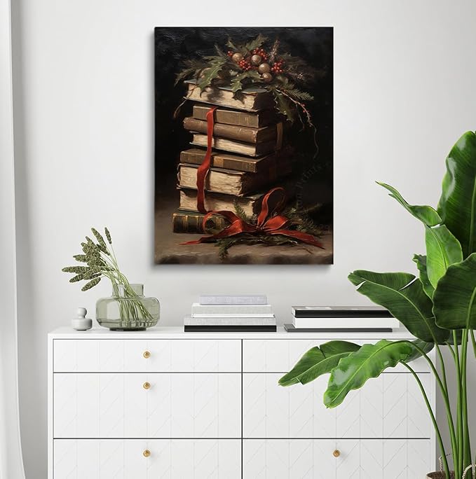 Victorian Christmas Book Stack Wall Art,Book Art,Christmas Still Life Print, Winter Print Oil Painting,Dark Academia,Moody Holiday Art,Christmas Decor For Library Reading Room16x24inch Unframed