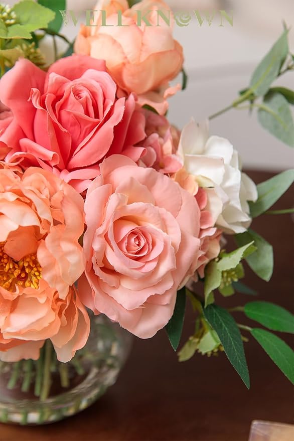 Artificial Flowers in Vase with Fake Water, Silk Peony Rose Flowers Bouquet with Glass Vase for Thanksgiving Party Birthday Wedding Dinning Table Centerpieces Office Decor & Gift (Coral & Peach Plus)