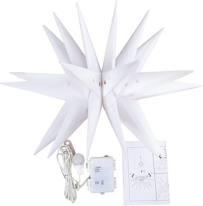 FUCHSUN 18" LED Moravian Star Light, Outdoor Hanging Stars Lights 3D Christmas Tree Topper Star for Ceiling Balcony Xmas Party Porch Room Wedding Ballroom Holiday Decoration, Battery Powered & Timer