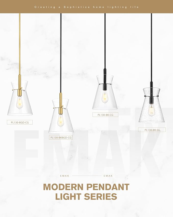 Emak 9 Inch Large Pendant Lights Kitchen Island, Black Pendant Light Fixtures with Seeded Glass Shade, Modern Farmhouse Island Lights for Kitchen, Dining Room, PL130-BK-SG