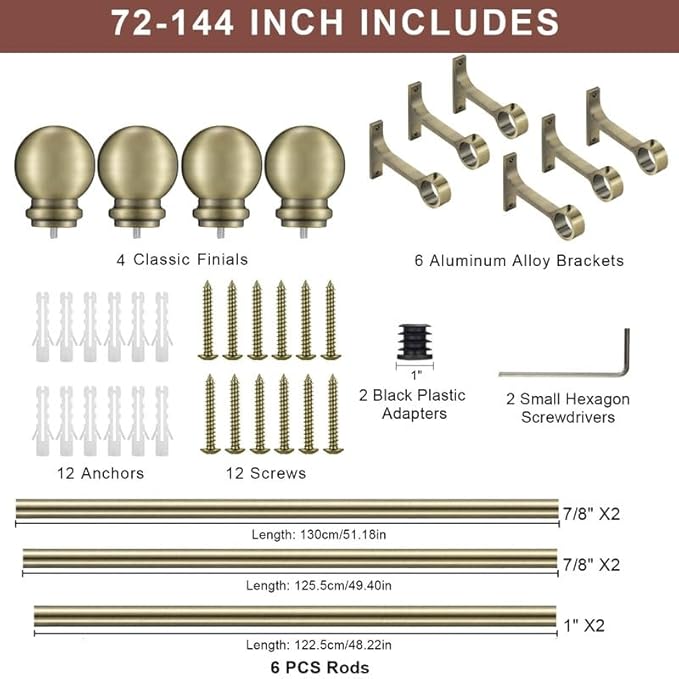 Curtain Rods 2 Pack, Antique Bronze Curtain Rods for Window 72-144 Inch, Decorative Curtain Rod with Ball Finials, 1 Inch Diameter Heavy Duty Curtain Rod, Adjustable Single Drapery Rod Antique Bronze