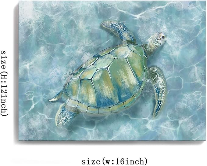 YJYart Bathroom Wall Decor Sea Turtle HD Pictures Print on Canvas Wall Art for Bedroom Kitchen Blue Coastal Room Decorations Art Work Green Turtle on Blue 12x16 inches
