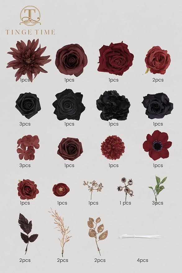 TINGE TIME Rose Artificial Flowers Combo, Fake Foam Roses with Stems for DIY Autumn Wedding Bridal Shower Decorations Party Table Centerpieces Fake Floral Arrangement Home Decor(Gothic Black and Red)