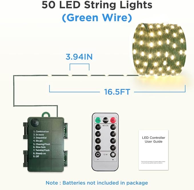 Battery Operated String Lights, 16.5ft 50 LED Fairy String Lights Battery Powered with Remote & Timer for Indoor Outdoor Christmas Trees Wreath Decoration Party Bedroom Patio Decor-Warm White