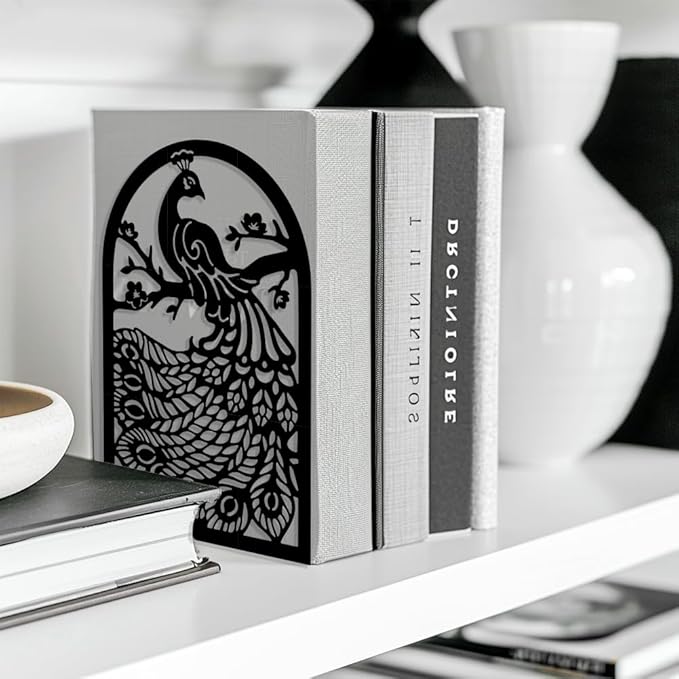Peacoblue Metal Bookends for Shelves, Modern Decorative Heavy Duty Study Book Support Stoppers for Office, Desk, Shelf, Room 5.3"x4.3"x7.9" Cast Iron Simple Tall Bookends, 1 Pair (Peacock)