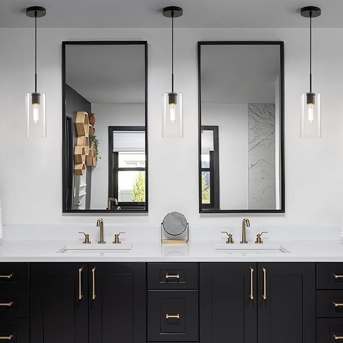 Modern Black Glass Pendant Light: Seeded Clear Glass Pendant Light over Kitchen Island - Minimalist Brass Hanging Lights with Short Tube - Height Adjustable Pendants Lighting Fixture for Dining Room