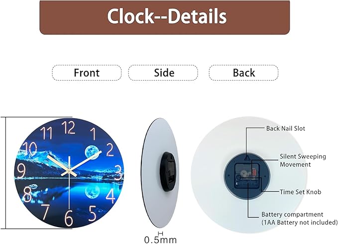 Big Wall Clocks Battery Operated 16 Inches or Larger Glass Moon Clock for Kitchen Blue Wall Clock Non Ticking