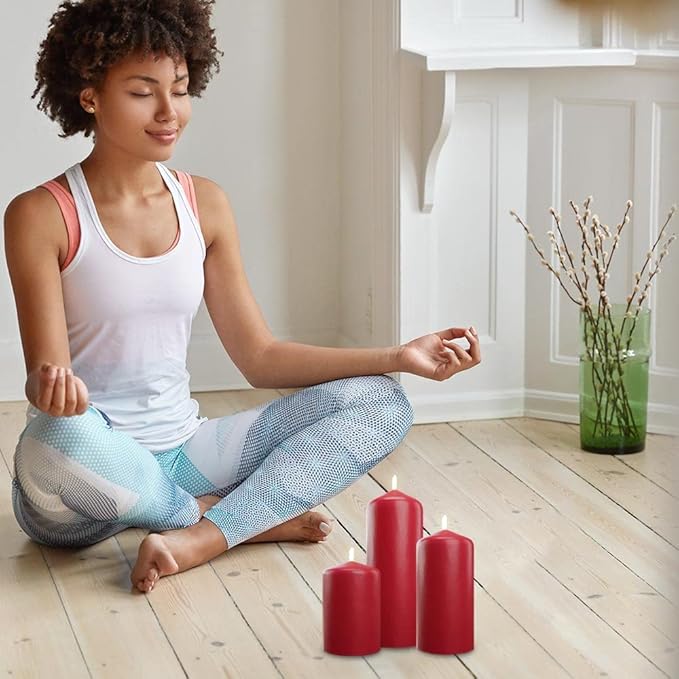 Bask Cone Top Pillar Candles - Elegant Red Candles - Set of 3 Red Pillar Candles - 3"x4", 3"x6", and 3" x8 - Smokeless and Dripless Decorative Candles for Home Decor and Relaxation