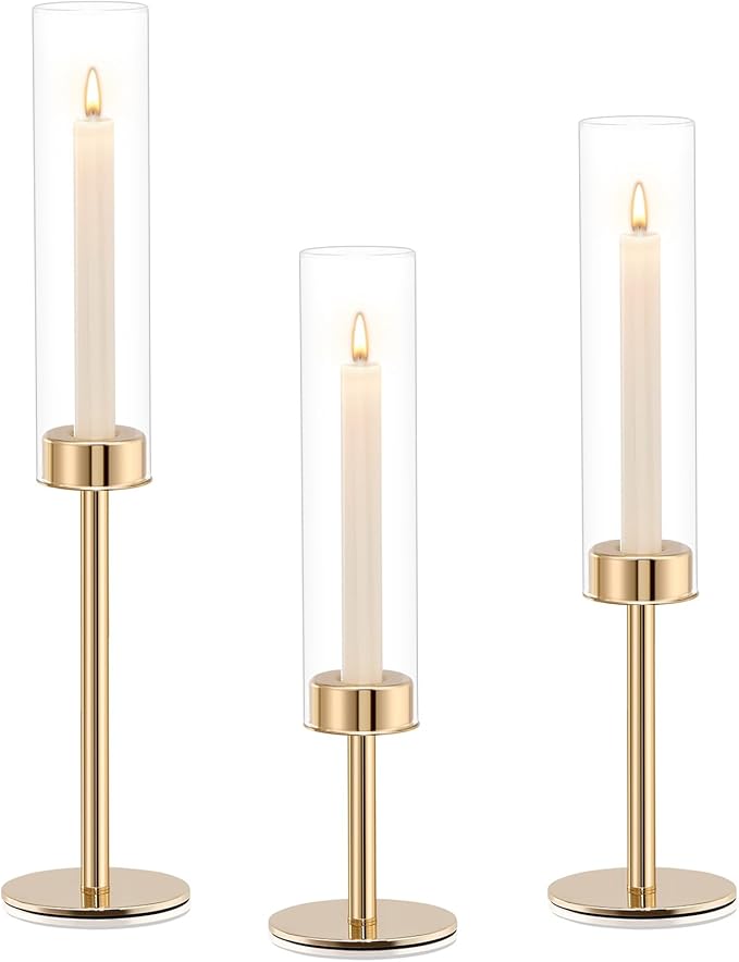 Gold Hurricane Candle Holders Set of 3, Tall Metal & Windproof Glass Taper Candle Holders, Outdoor/Indoor Table Centerpieces for Weddings, Christmas, Parties, Fireplace Decor