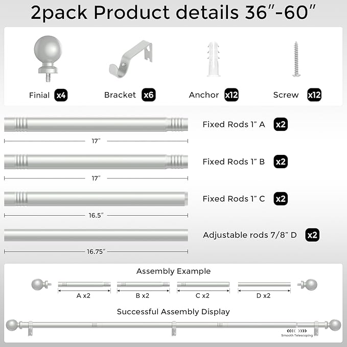 2 Pack Silver Curtain Rod, 1 Inch Adjustable Heavy Duty Curtain Rods for Windows 30 to 56 Inch, Decorative Modern Window Treatment Rods, Splicing Metal Drapery Pole, Easy Installation
