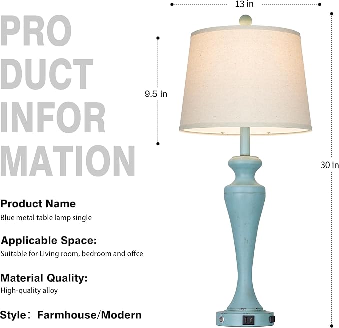 30" Blue Table Lamps Set of 2, Touch Control Farmhouse Living Room Lamp with USB A+C Ports and AC Outlet, 3-Way Bedside Lamps for Nightstand, Vintage Bedroom Lamp, 2 Bulbs Included
