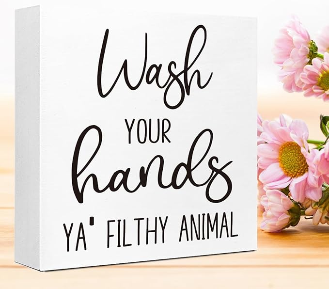LVQHI Wash Your Hands Ya Filthy Animal Sign Bathroom Decor, Funny Small Bathroom Decor For Shelves, Rustic Sign Decoration For Toilet Restroom Tabletop Desk