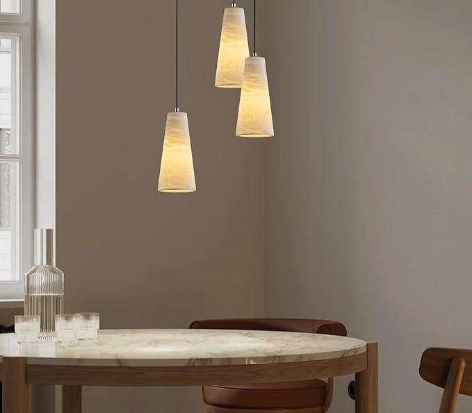 Alabaster Pendant Lights Kitchen Island,White Pendant Light, Marble Shade Brass Cone Lighting Fixtures for Bedroom Bathroom Dining Room Living Room H-10in (Bulbs INCL)