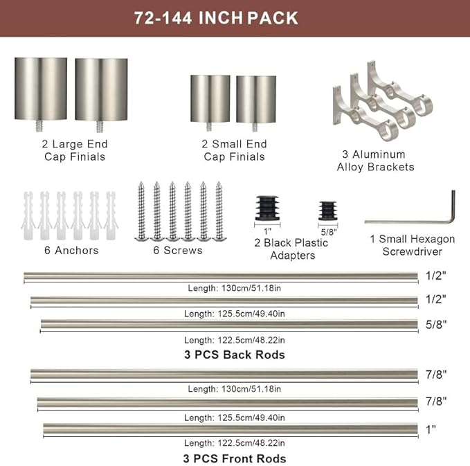 Double Curtain Rods 72-144" (6-12ft), Brushed Nickel Double Drapery Rod with Cap Finials, 1 Inch Front and 5/8 Inch Back Diameter Heavy Duty Dual Curtain Rod, Decorative Double Rods for Window
