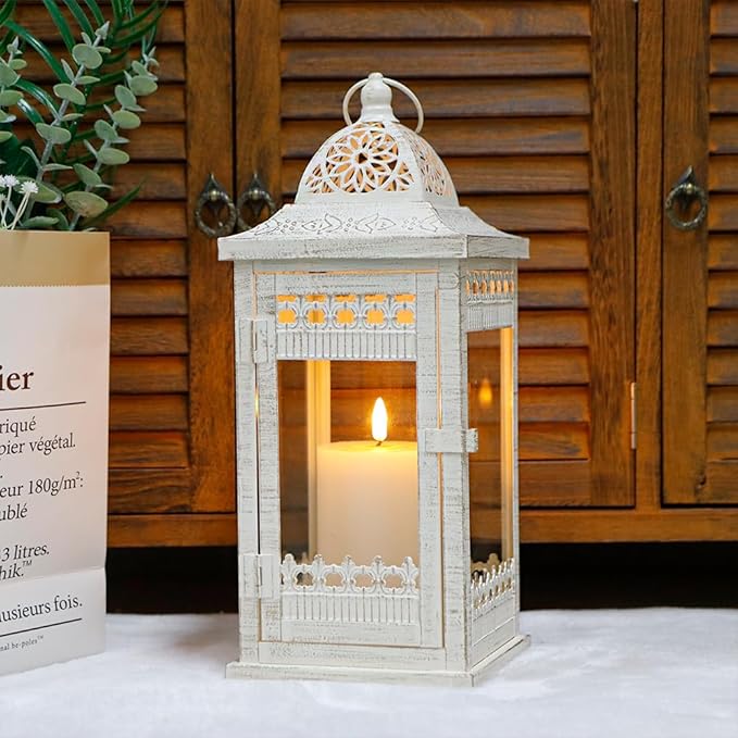 JHY DESIGN Decorative Candle Lanterns 14.5" High Vintage Style Hanging Lantern Metal Candleholder for Indoor Outdoor Events Parties and Weddings(Beige with Gold Brush)