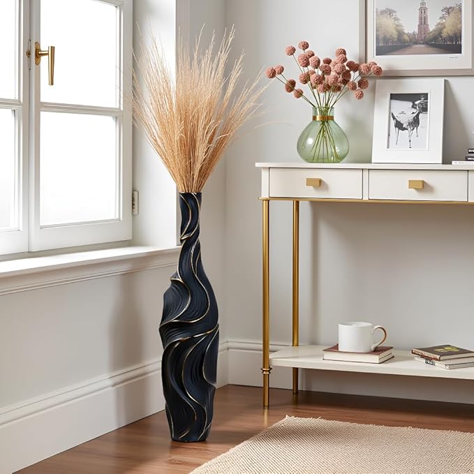 Floor Vase Handmade Resin - 22.83" Tall Brown Vases with Gold Wave Patterns, 6.29" Wide Decorative Tall Floor Vase for Home Decor, Farmhouse & Modern Interior Design