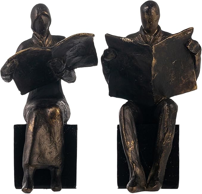 Lukitas Decorative Newspaper Reader Bookends, Heavy Duty Book Holder Non-Slip, Vintage Home Décor Accessories for Study Office Bookshelf, Bronze, Resin, 1Pair/2Piece 8''