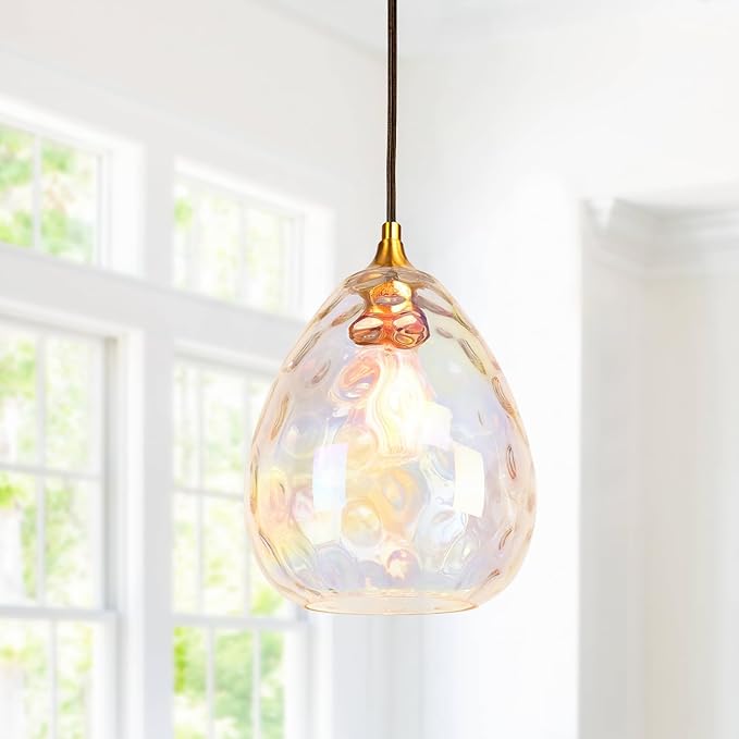 Gold Pendant Lighting with Stained Hammered Glass Shade, 1-Light Art Deco Hanging Lamp for Kitchen Island, Dining Room, Bedroom (Colorful Glass Shade)