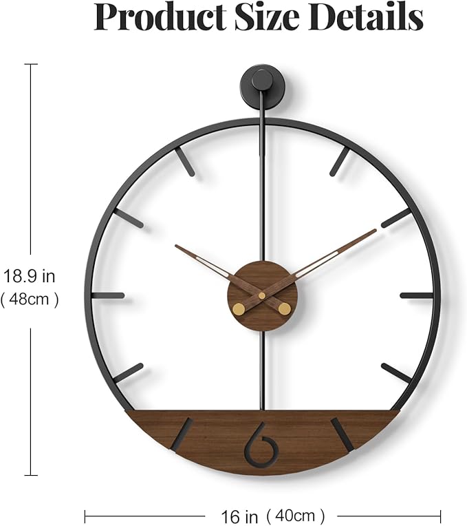 Cuspin 16 Inch Wall Clock with Walnut Wood Dial, Modern Decorative Clock Silent Non-Ticking Battery Operated Metal Frame for Living Room, Kitchen, Office, or Bedroom Wall Decor, Black and Brown
